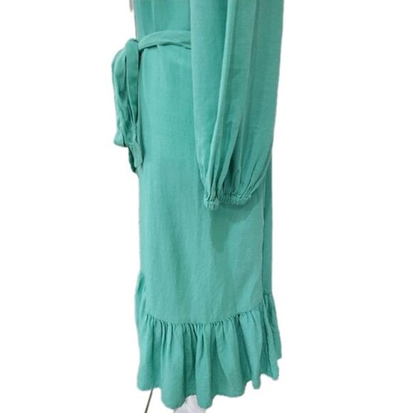 Knox Rose Knee Length Dress Women's Large Green Tie Waist Ruffles Pockets - NEW - Picture 6 of 12